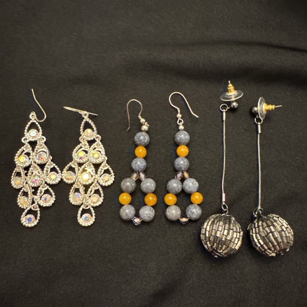Earrings Lot Of 3 Sets In Silver Tone